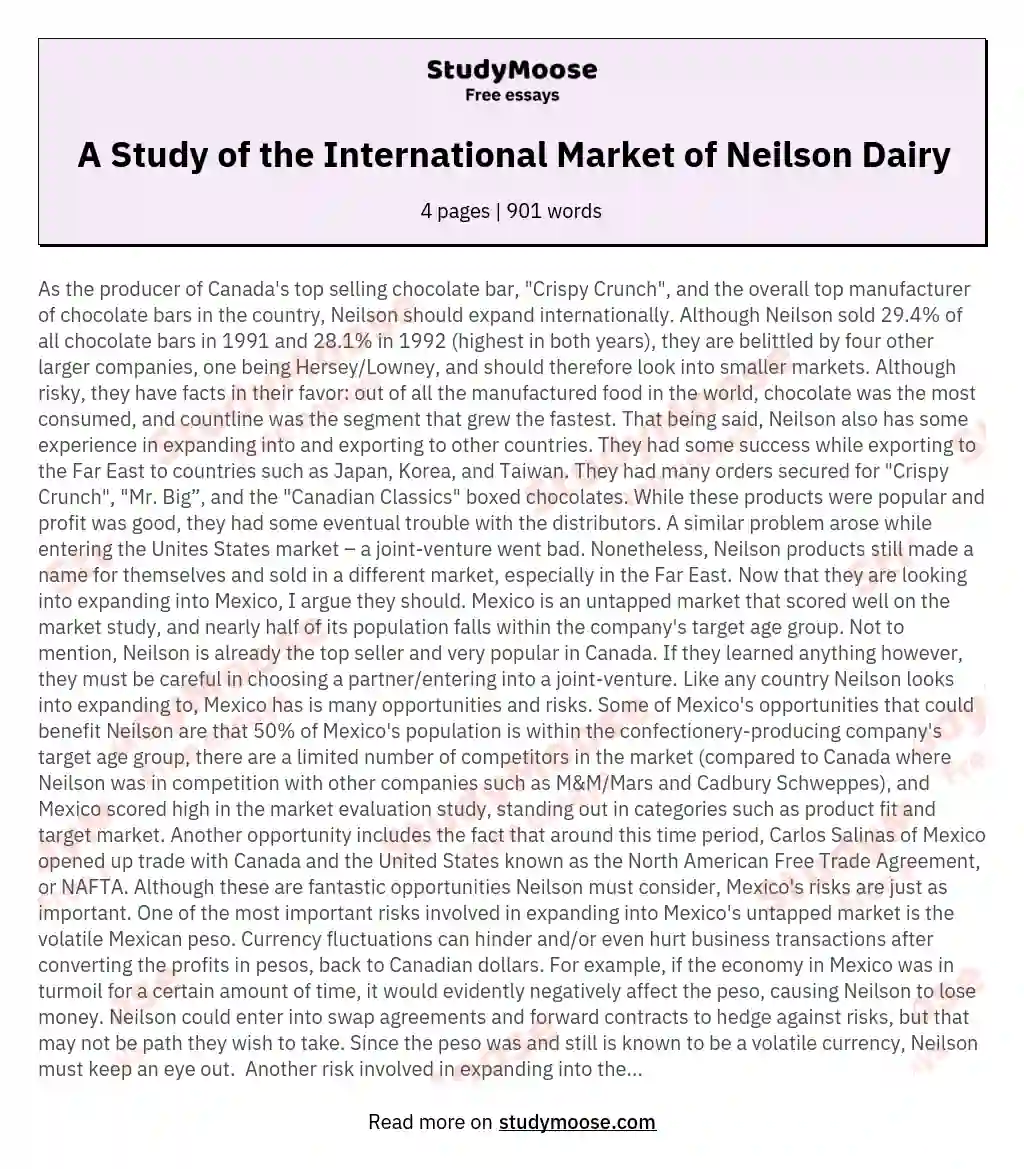 A Study of the International Market of Neilson Dairy essay