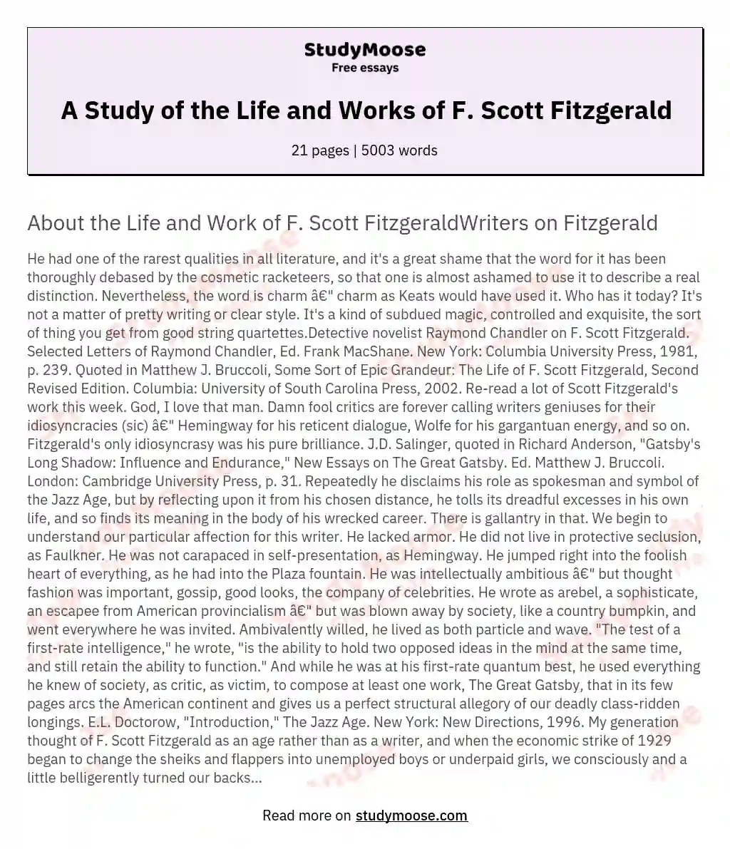 A Study of the Life and Works of F. Scott Fitzgerald essay