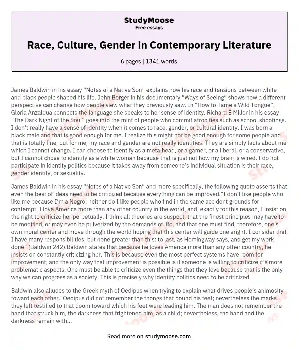 A Study Of The Theme Of Race, Culture, And Gender In Hames Baldwin's Notes Of A Native Son, John Berger's Ways Of Seeing Gloria Anzaldua's How To Tame A Wild Tongue And Richard E. Miller's The Dark Night Of The Soul