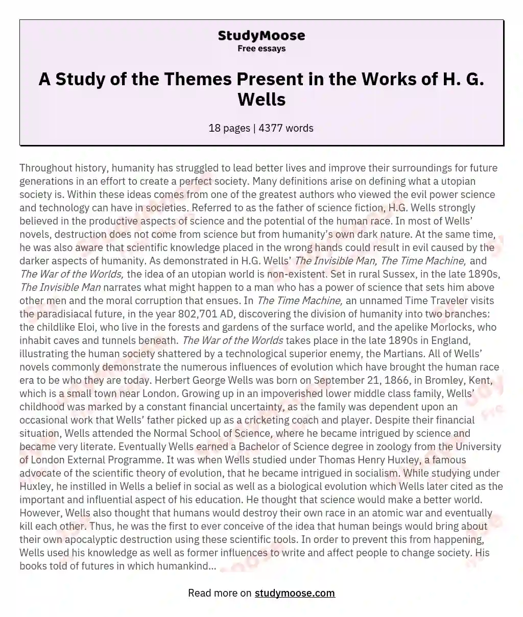 A Study of the Themes Present in the Works of H. G. Wells essay