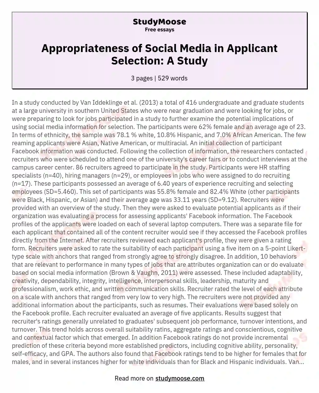 Appropriateness of Social Media in Applicant Selection: A Study essay