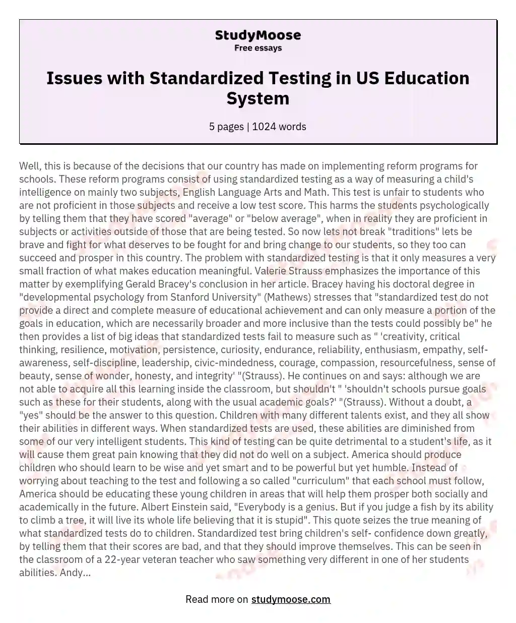 Issues with Standardized Testing in US Education System essay