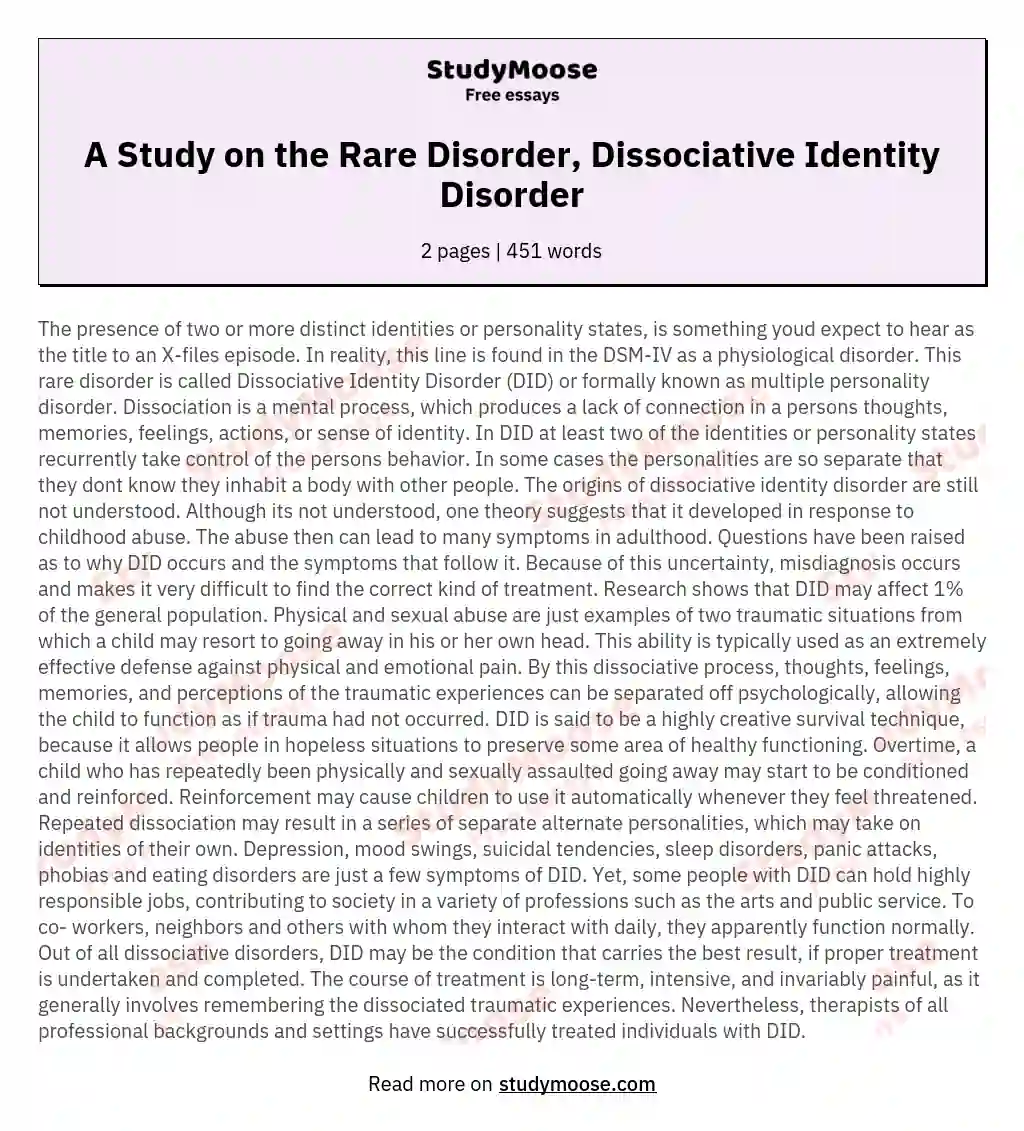 A Study on the Rare Disorder, Dissociative Identity Disorder essay