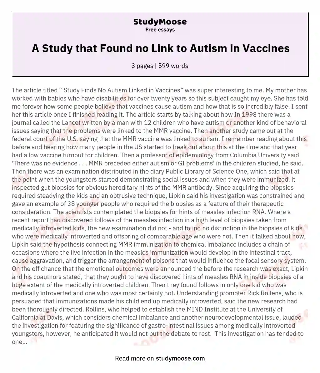 A Study that Found no Link to Autism in Vaccines essay