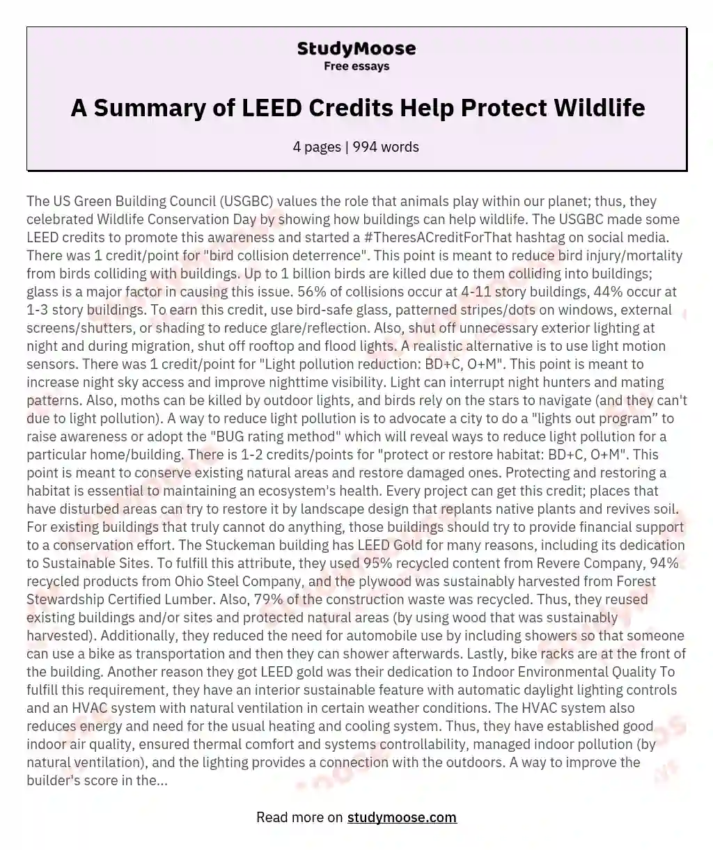 A Summary of LEED Credits Help Protect Wildlife essay