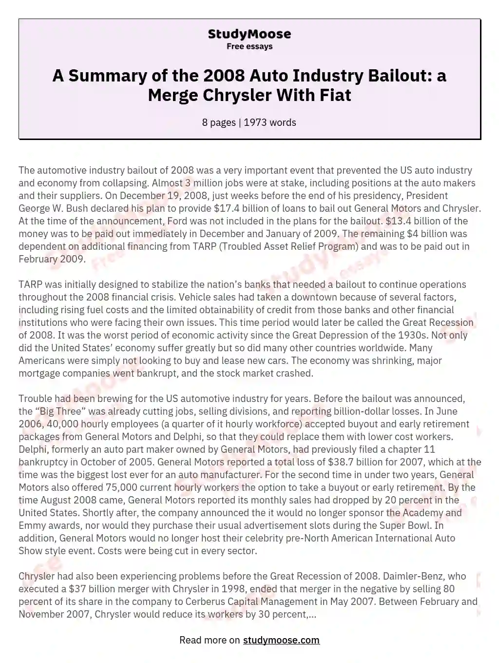 A Summary of the 2008 Auto Industry Bailout: a Merge Chrysler With Fiat essay