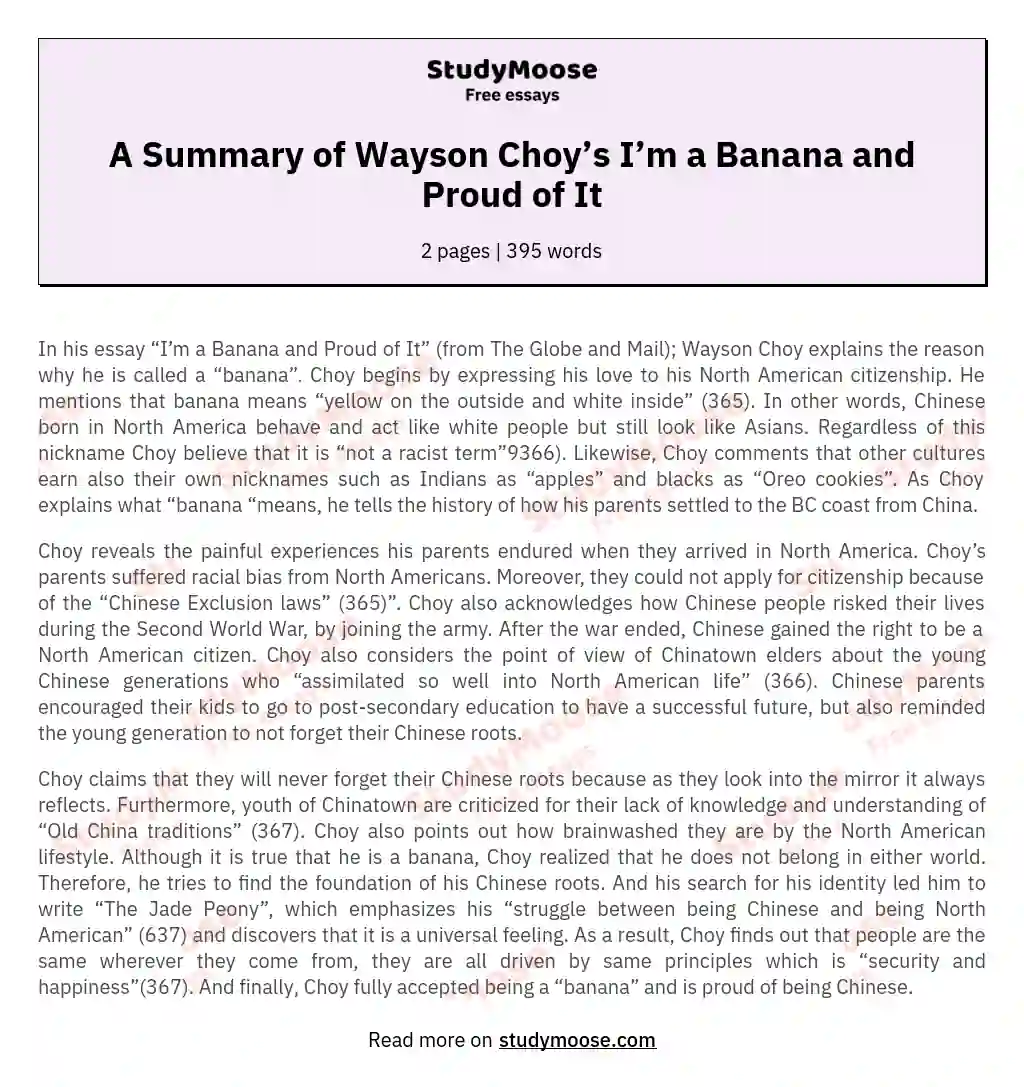 A Summary of Wayson Choy’s I’m a Banana and Proud of It