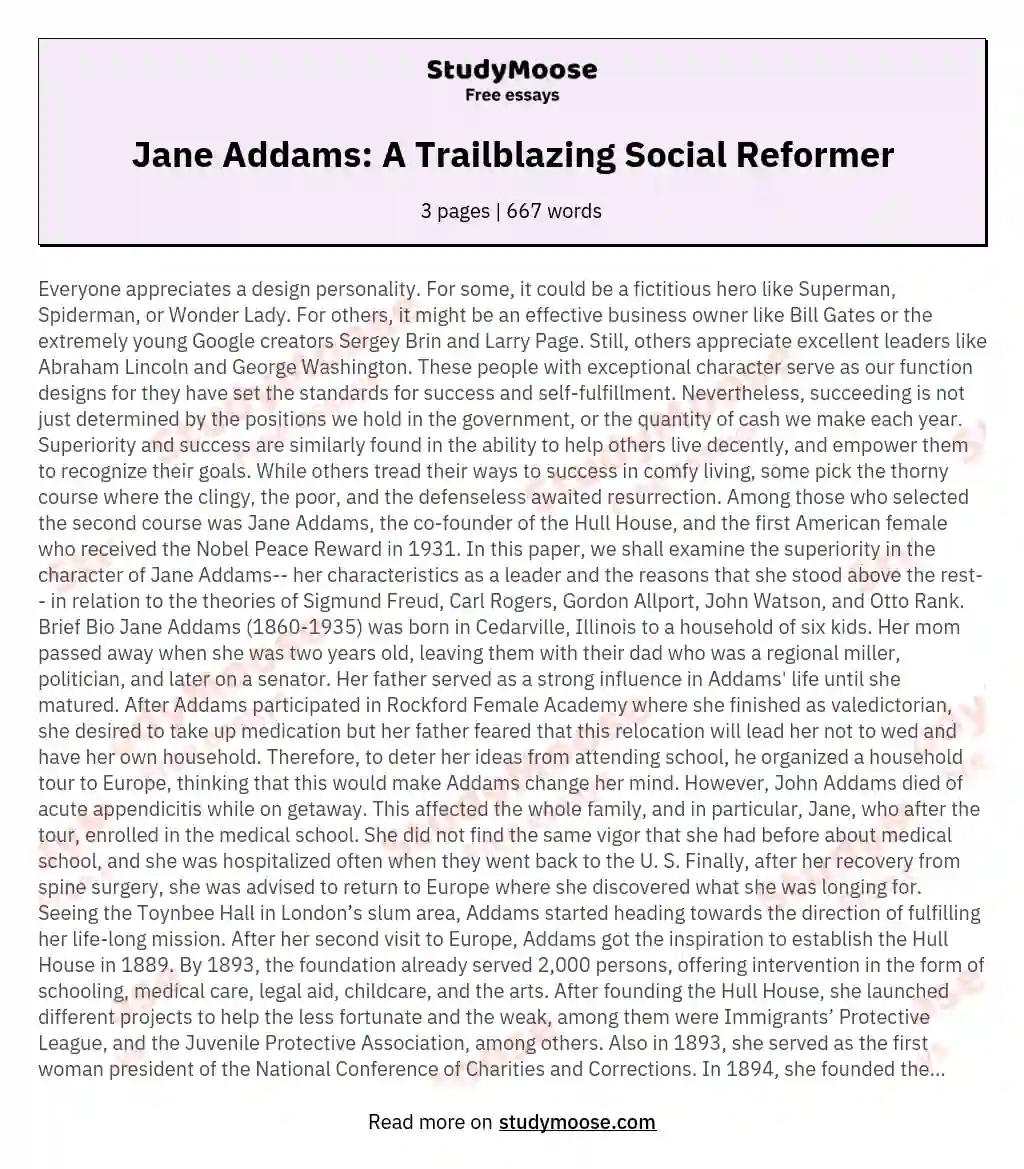 Jane Addams: A Trailblazing Social Reformer essay