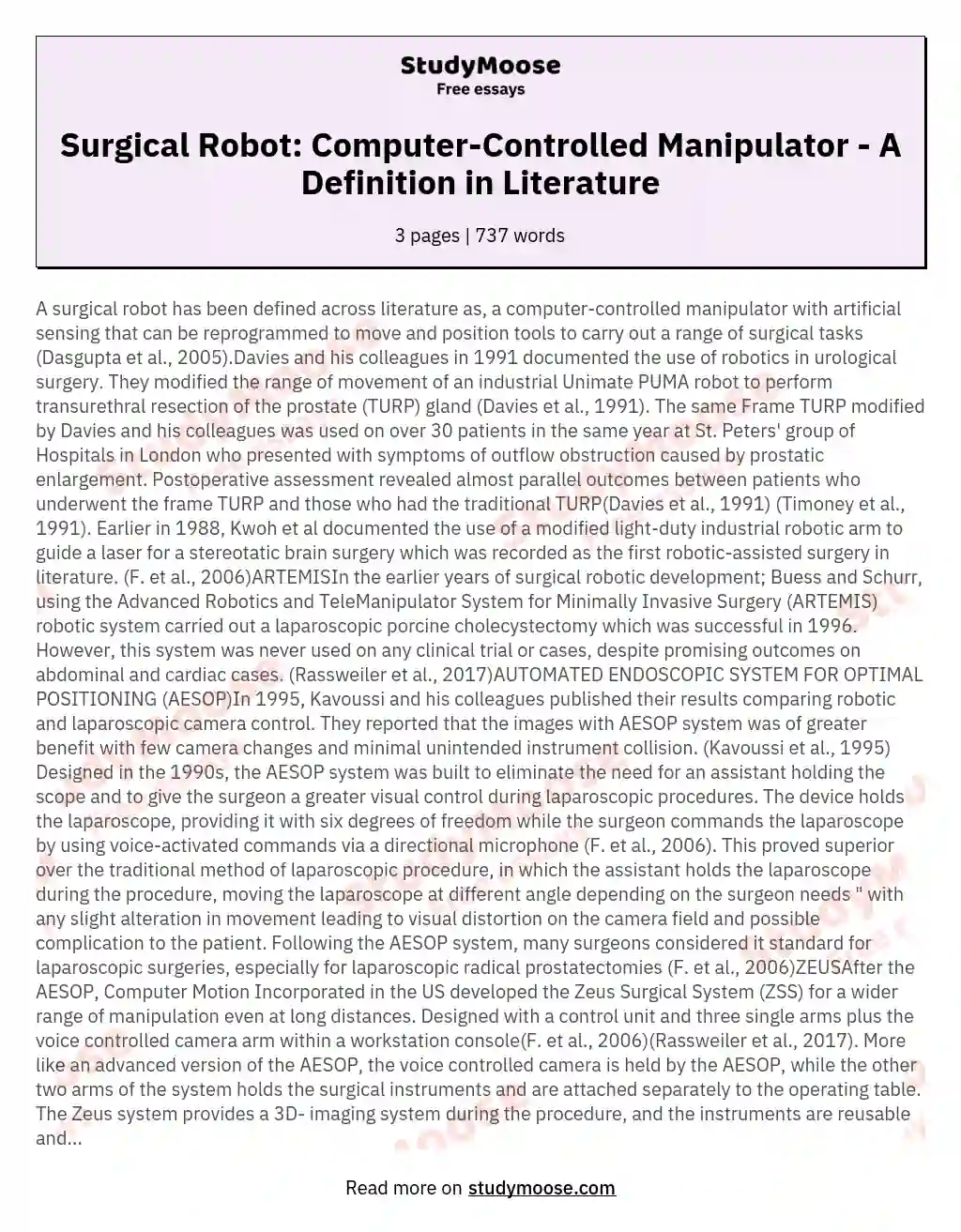 Surgical Robot: Computer-Controlled Manipulator - A Definition in Literature essay