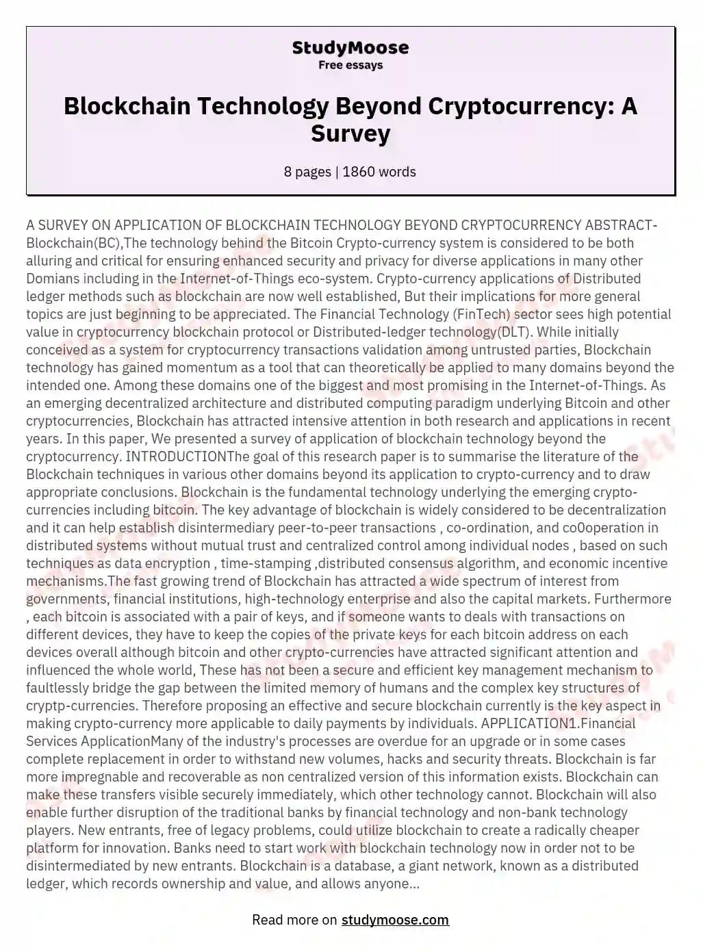 A SURVEY ON APPLICATION OF BLOCKCHAIN TECHNOLOGY BEYOND CRYPTOCURRENCY ABSTRACT BlockchainBCThe technology