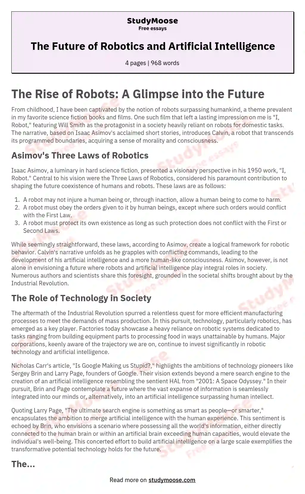 The Future of Robotics and Artificial Intelligence essay