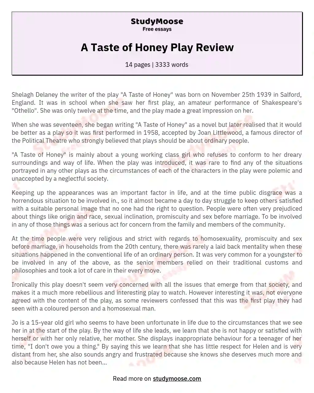 A Taste of Honey Play Review essay