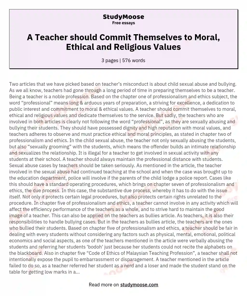 A Teacher should Commit Themselves to Moral, Ethical and Religious Values essay