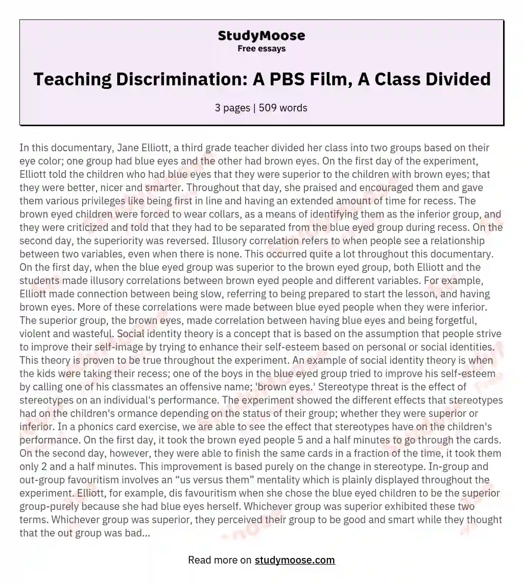 Teaching Discrimination: A PBS Film, A Class Divided essay