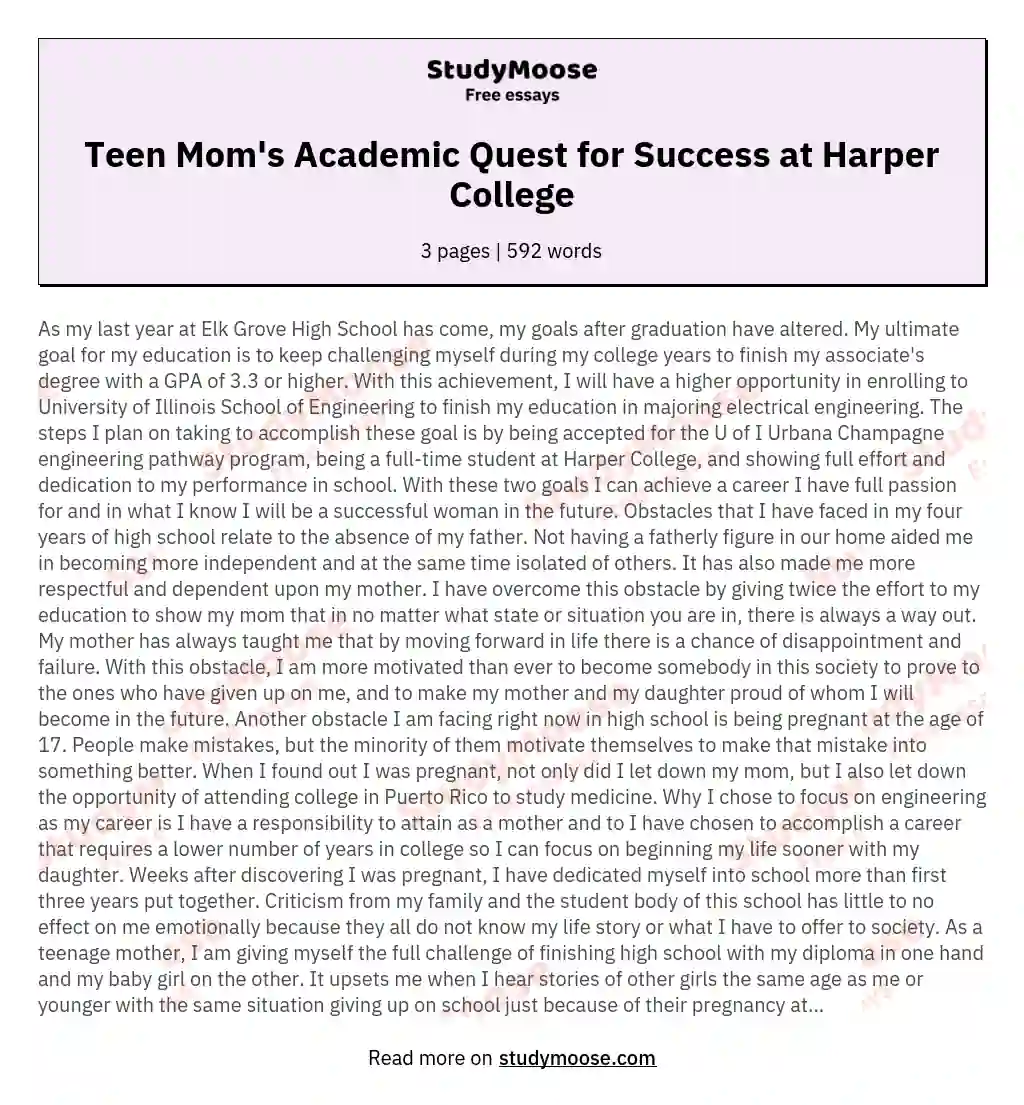 Teen Mom's Academic Quest for Success at Harper College essay