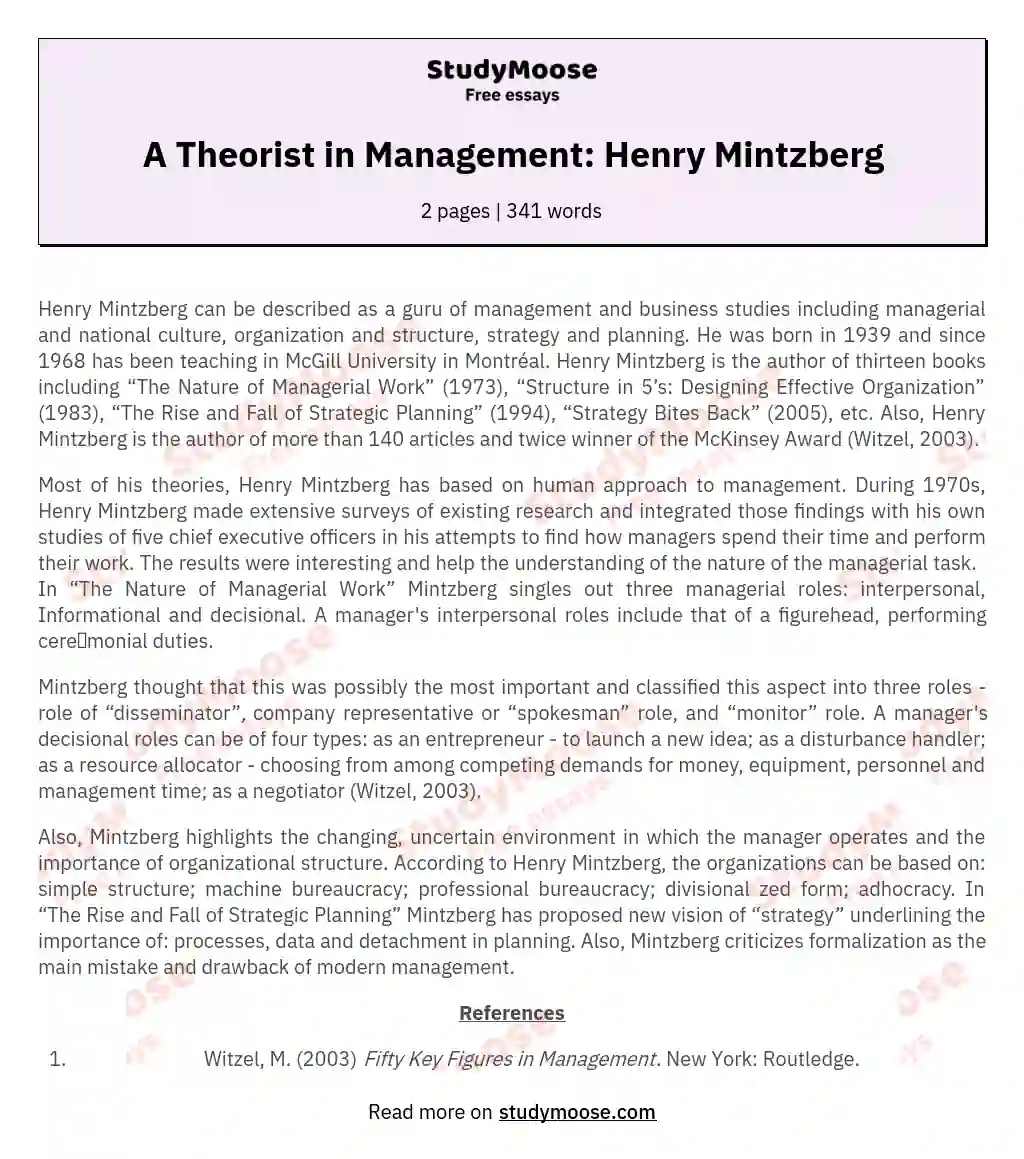 A Theorist in Management: Henry Mintzberg essay