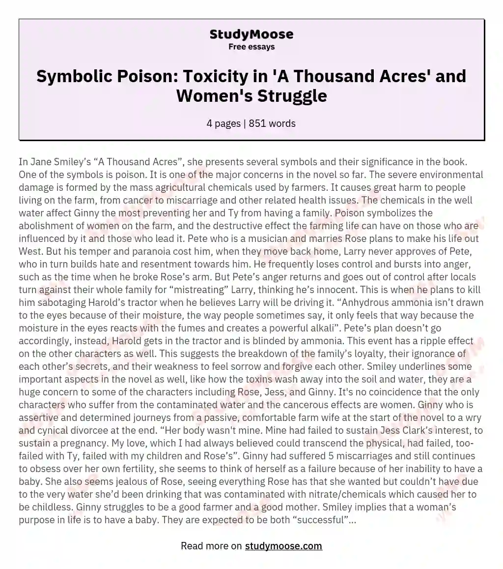 Symbolic Poison: Toxicity in 'A Thousand Acres' and Women's Struggle essay