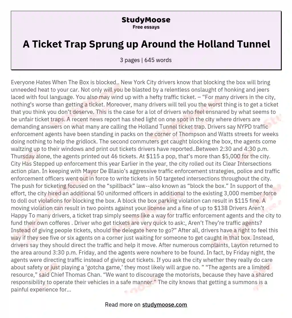 A Ticket Trap Sprung up Around the Holland Tunnel essay