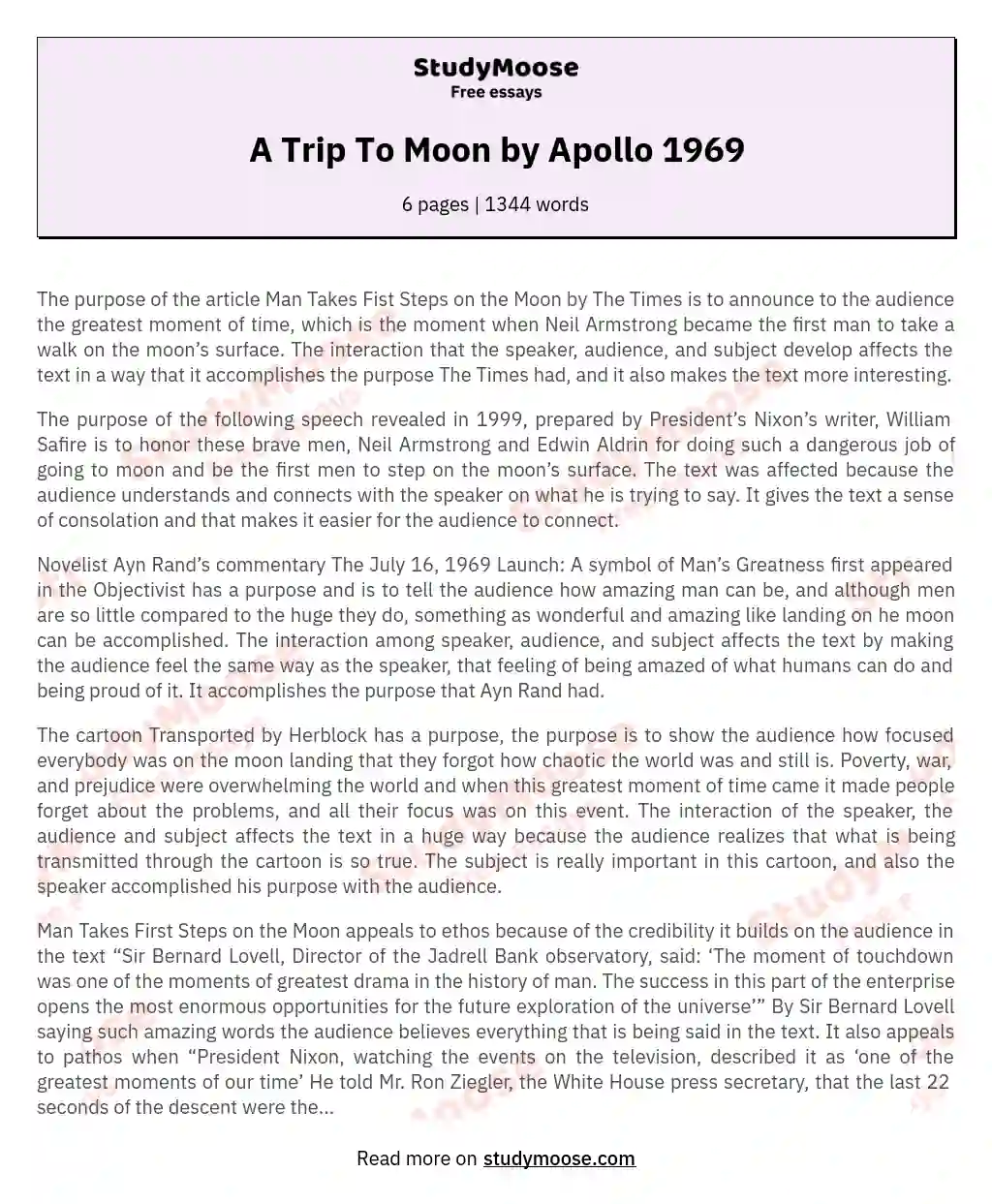 A Trip To Moon by Apollo 1969 essay