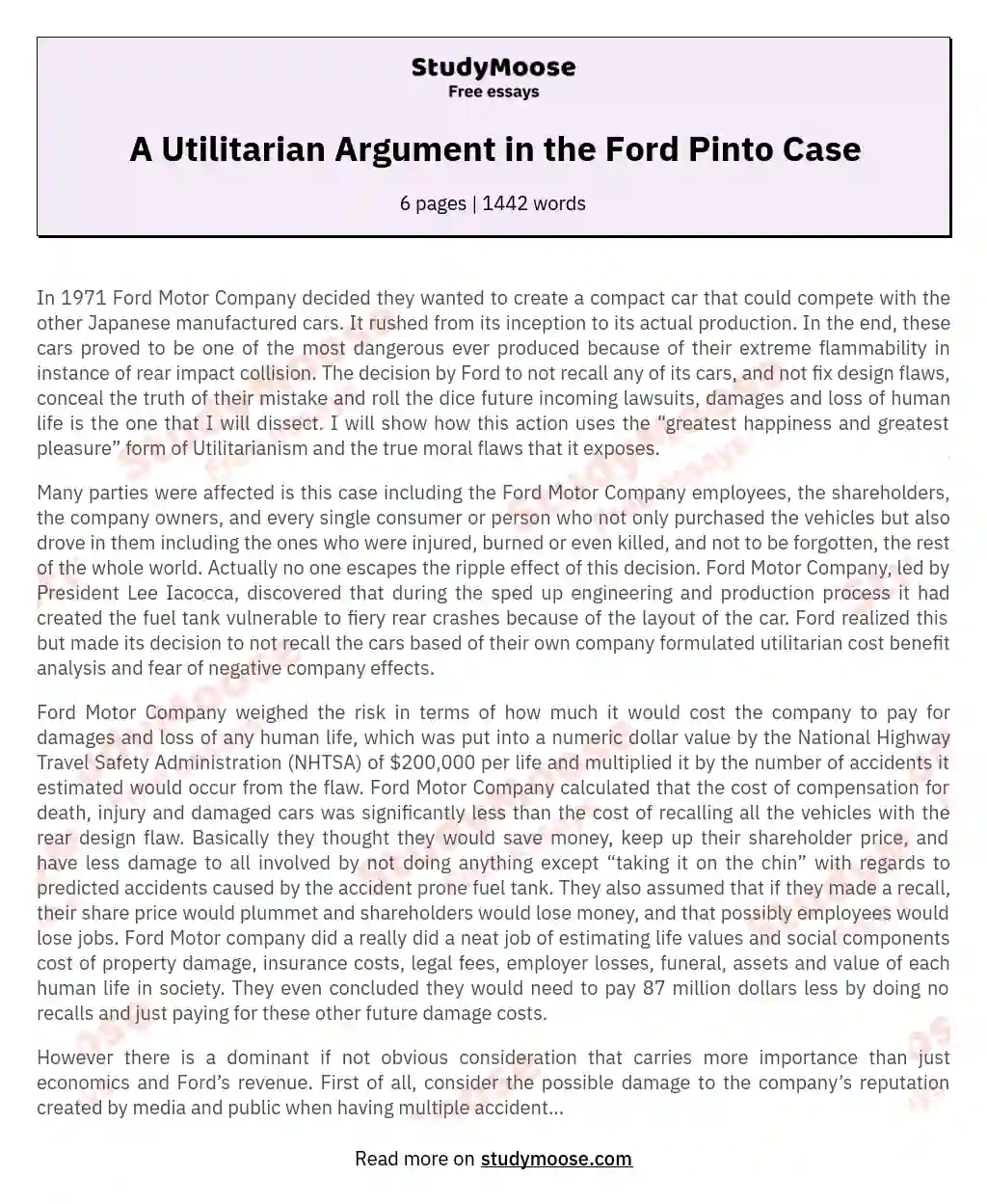 A Utilitarian Argument in the Ford Pinto Case essay