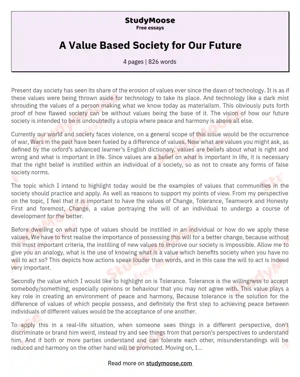 A Value Based Society for Our Future essay