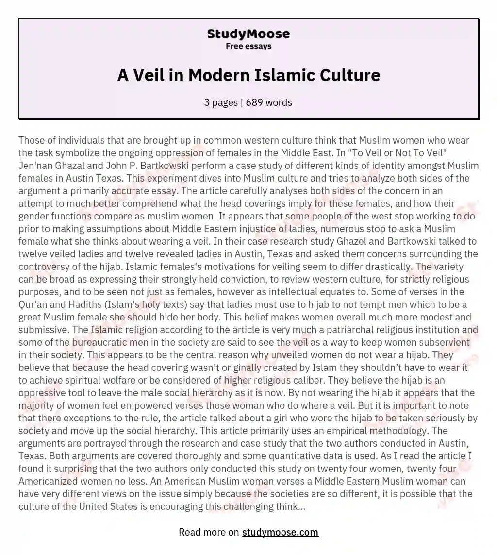A Veil in Modern Islamic Culture essay