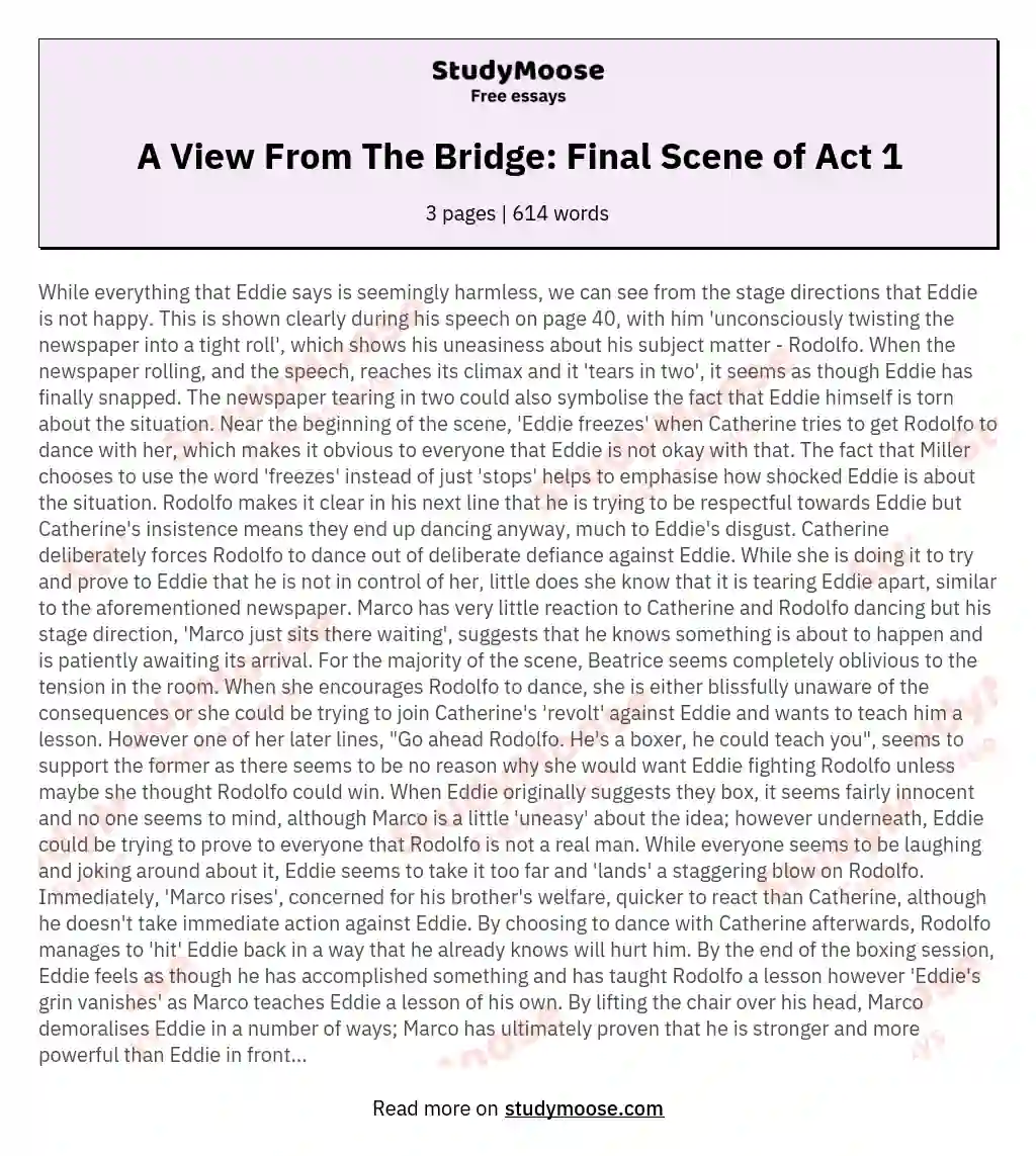 A View From The Bridge: Final Scene of Act 1 essay