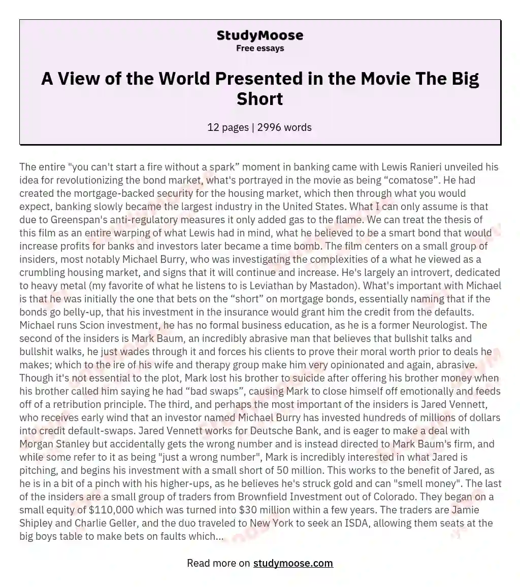 A View of the World Presented in the Movie The Big Short essay