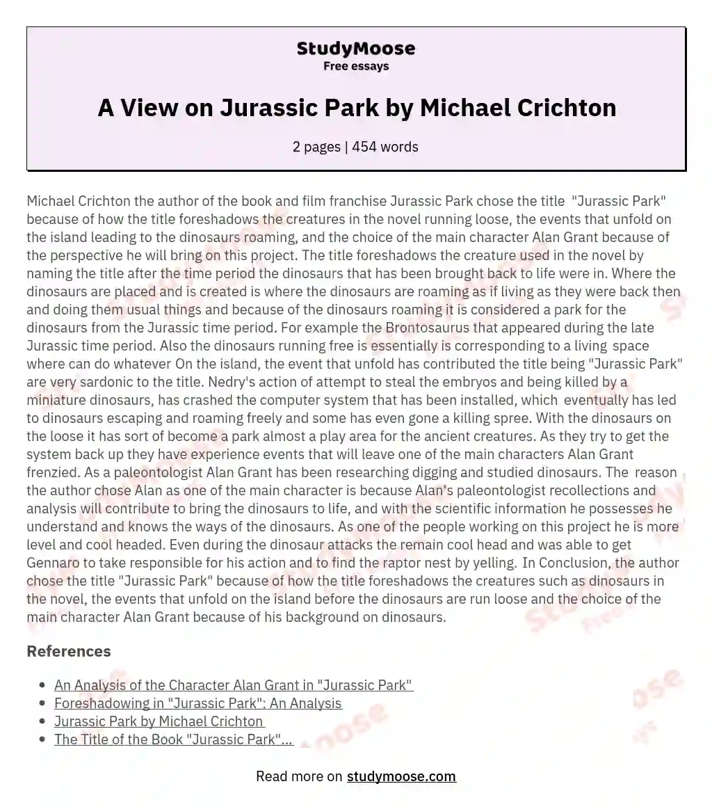 A View on Jurassic Park by Michael Crichton essay