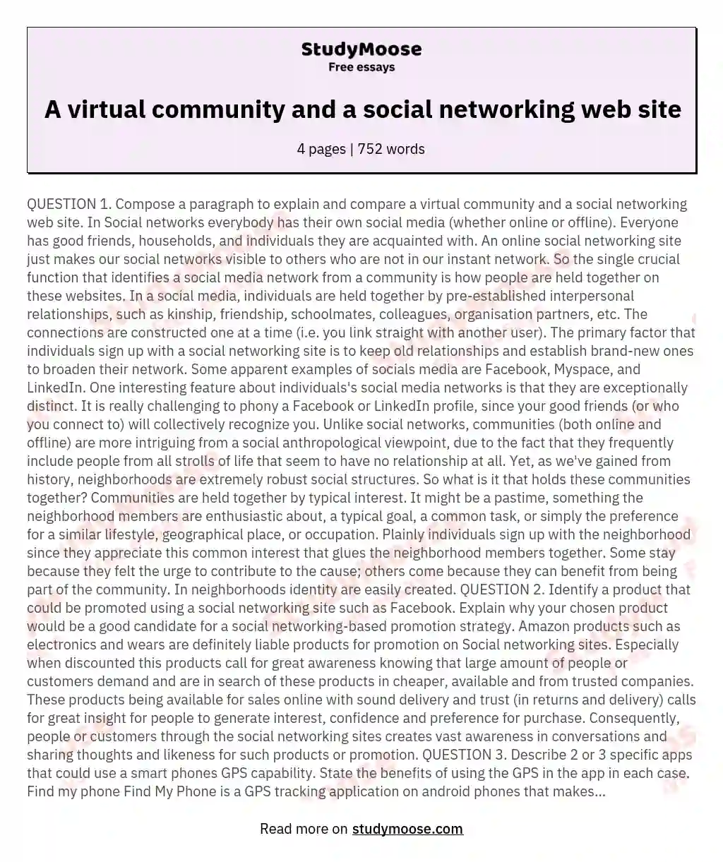 A virtual community and a social networking web site essay