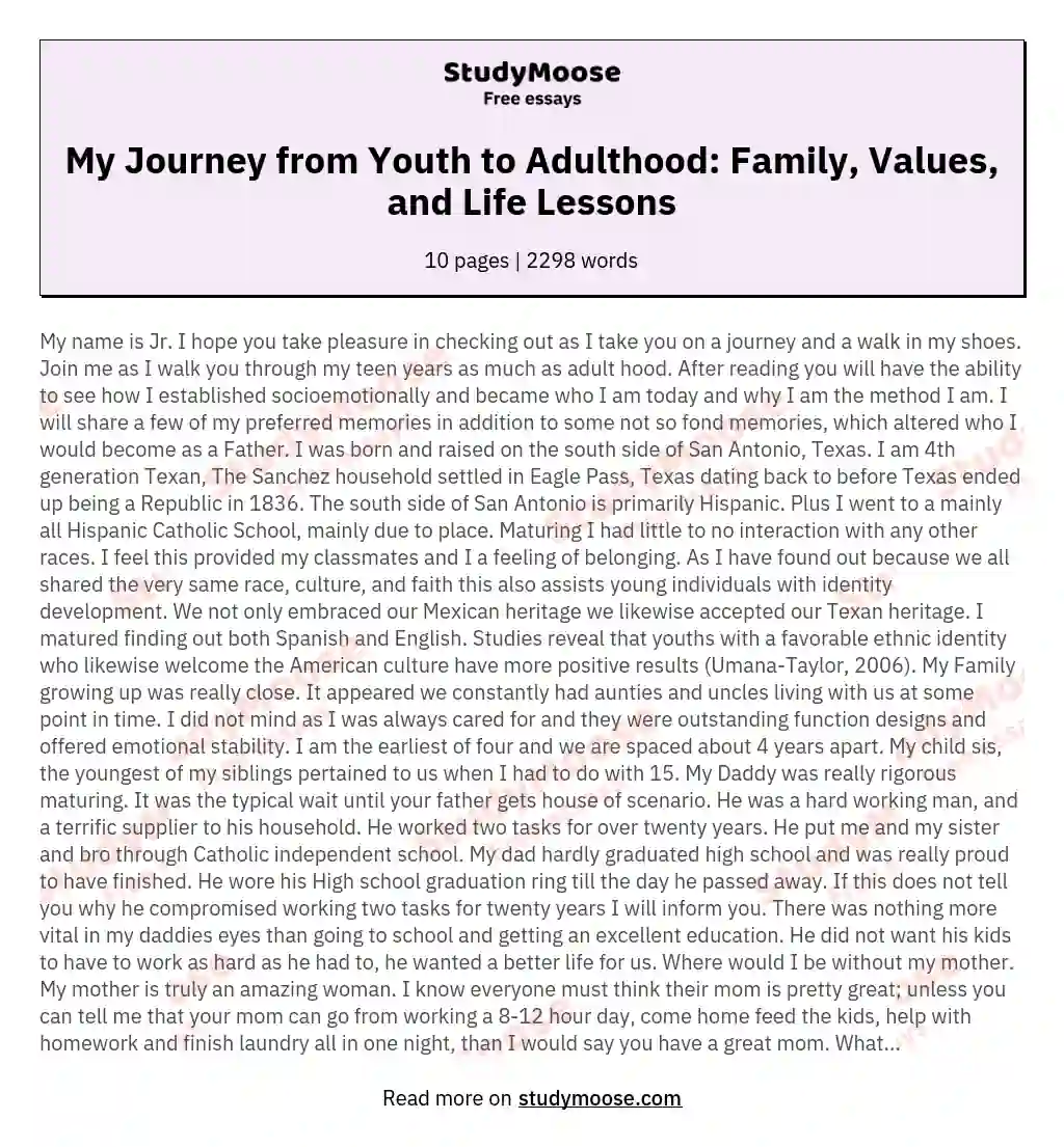 My Journey from Youth to Adulthood: Family, Values, and Life Lessons essay