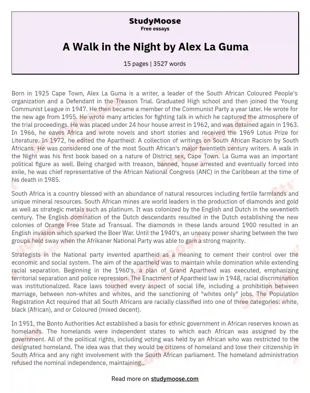 A Walk in the Night by Alex La Guma essay