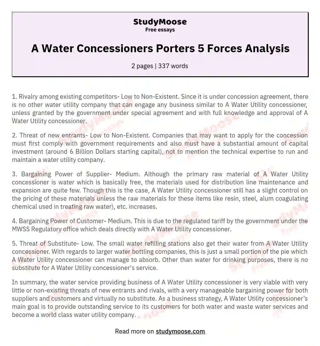 A Water Concessioners Porters 5 Forces Analysis essay