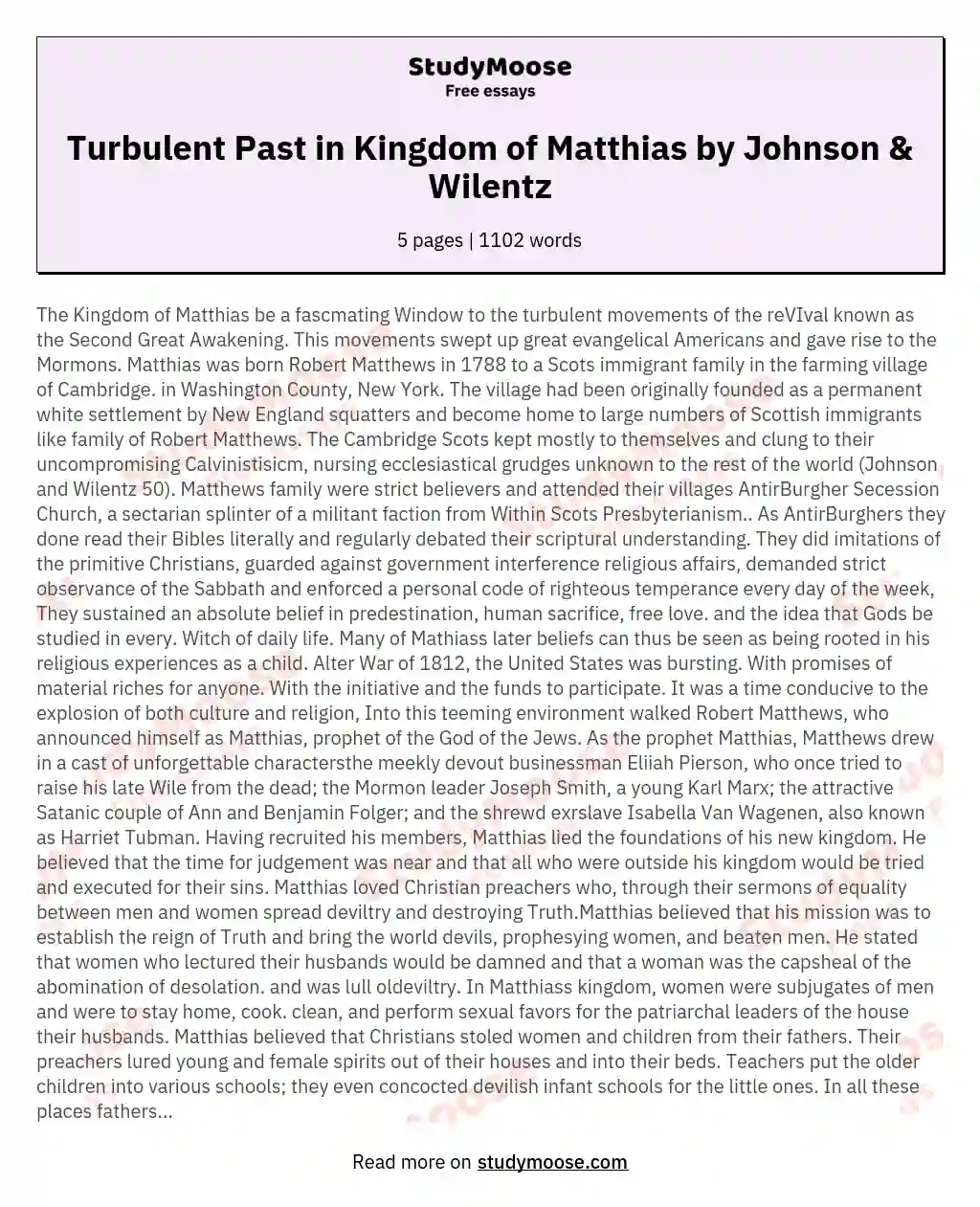 Turbulent Past in Kingdom of Matthias by Johnson & Wilentz essay