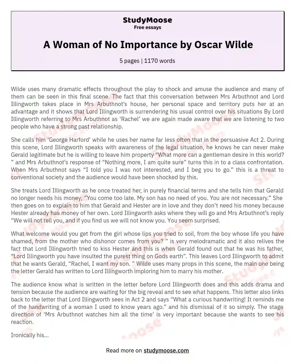 A Woman of No Importance by Oscar Wilde essay