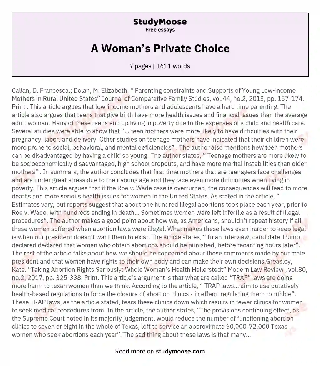 A Woman’s Private Choice essay