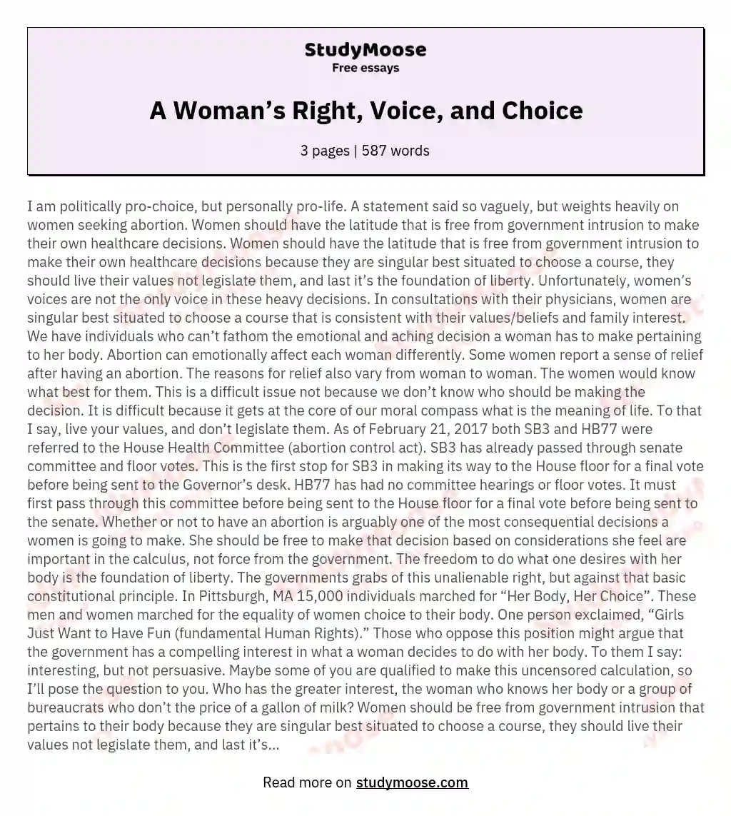 A Woman’s Right, Voice, and Choice essay