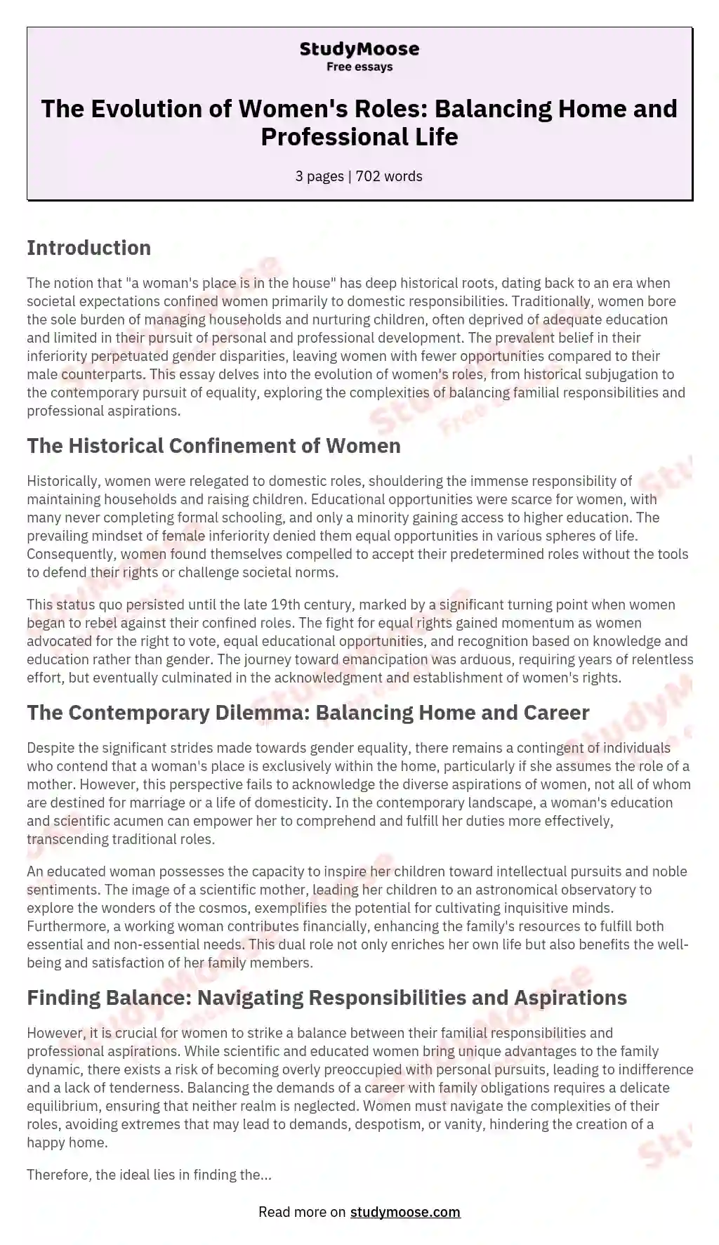 The Evolution of Women's Roles: Balancing Home and Professional Life essay