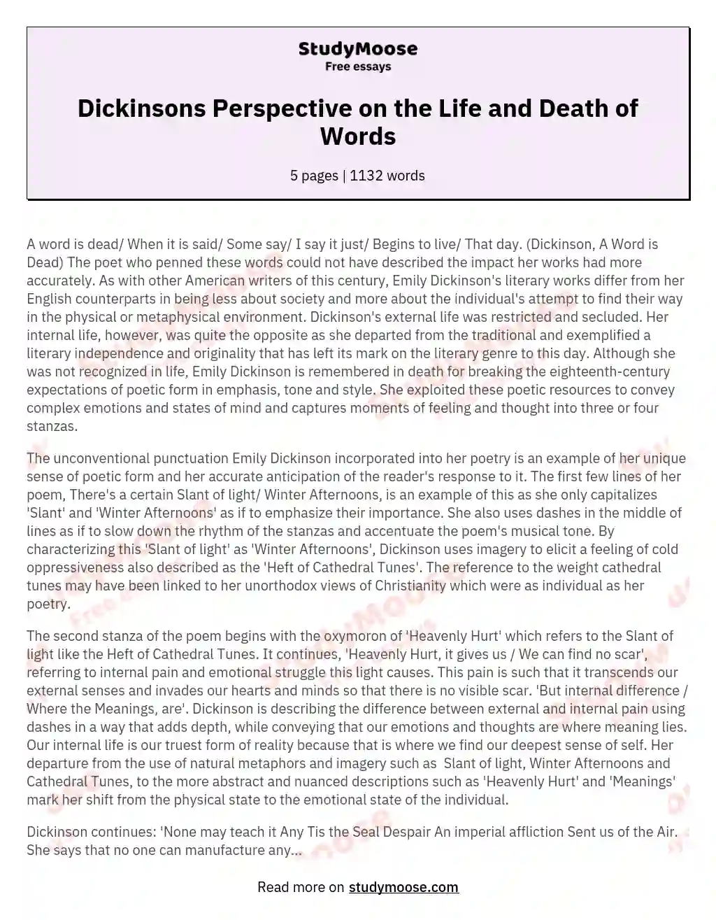 Dickinsons Perspective on the Life and Death of Words essay