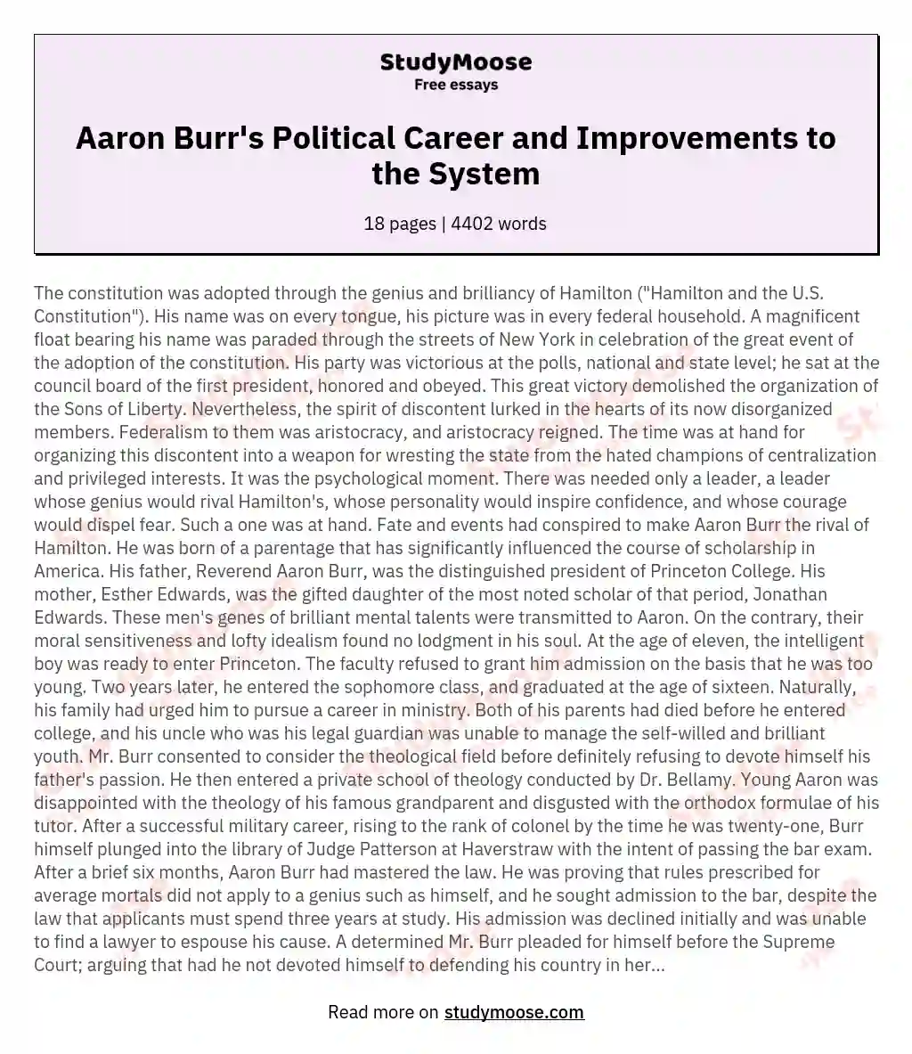 Aaron Burr's Political Career and Improvements to the System essay