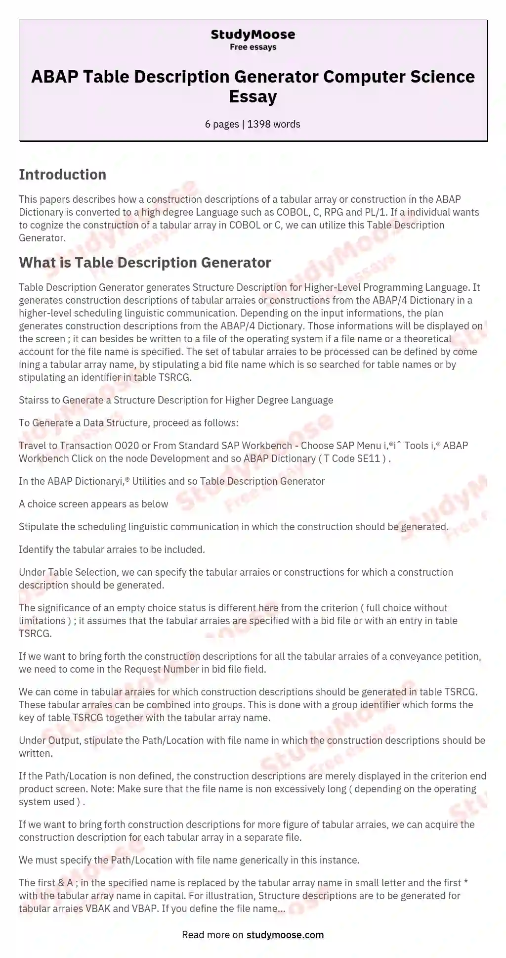 ABAP Table Description Generator Computer Science Essay