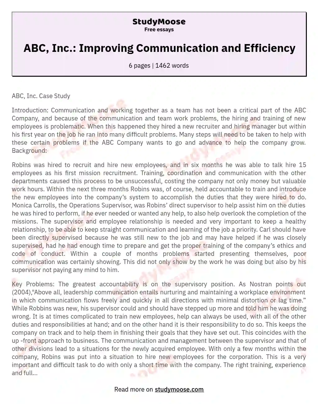 ABC, Inc.: Improving Communication and Efficiency essay