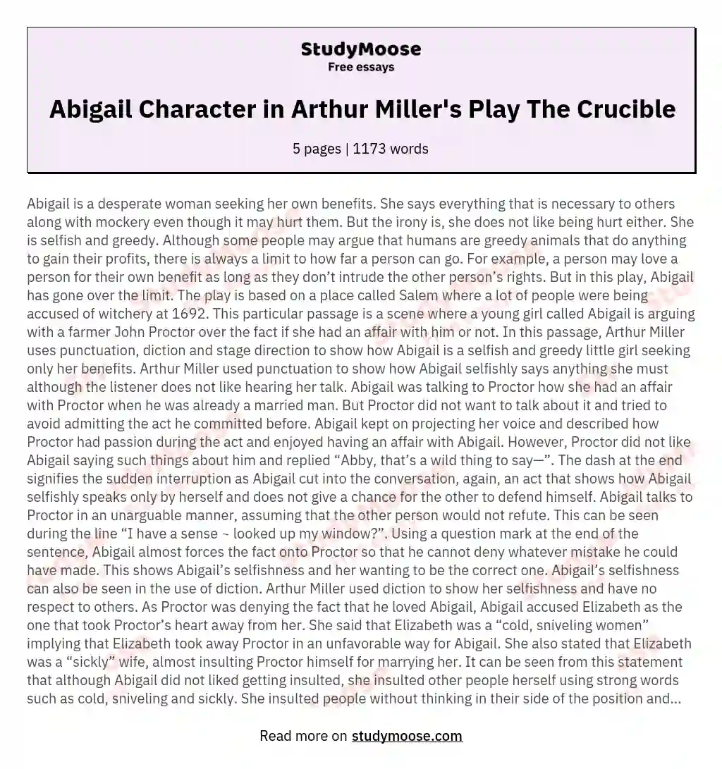 Abigail Character in Arthur Miller's Play The Crucible essay