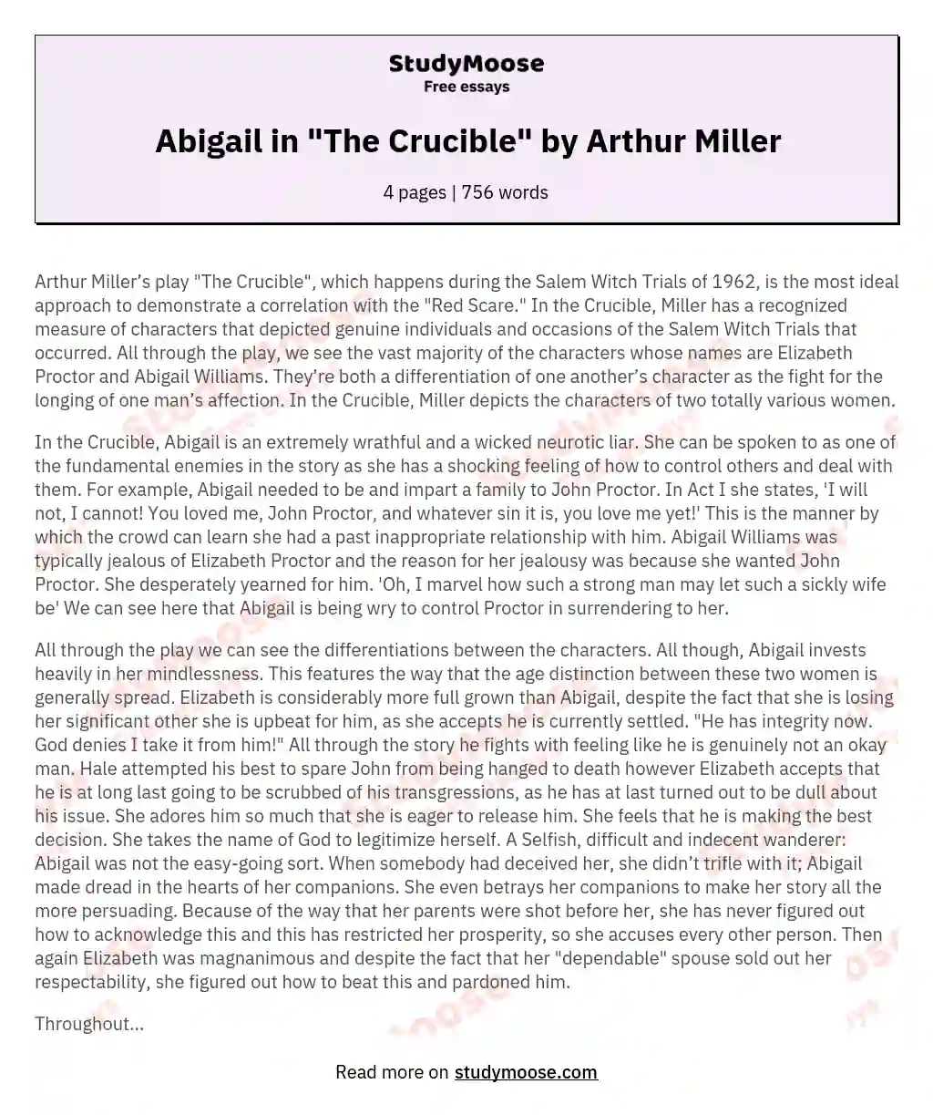 Abigail in "The Crucible" by Arthur Miller essay