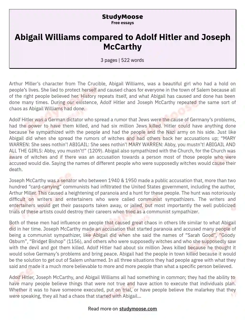 Abigail Williams compared to Adolf Hitler and Joseph McCarthy