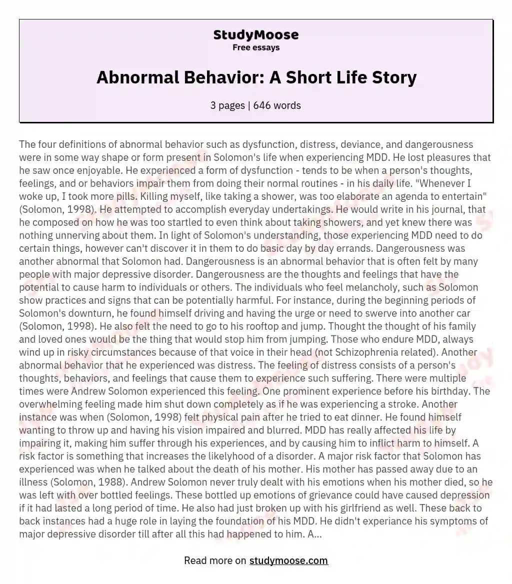 Abnormal Behavior: A Short Life Story essay