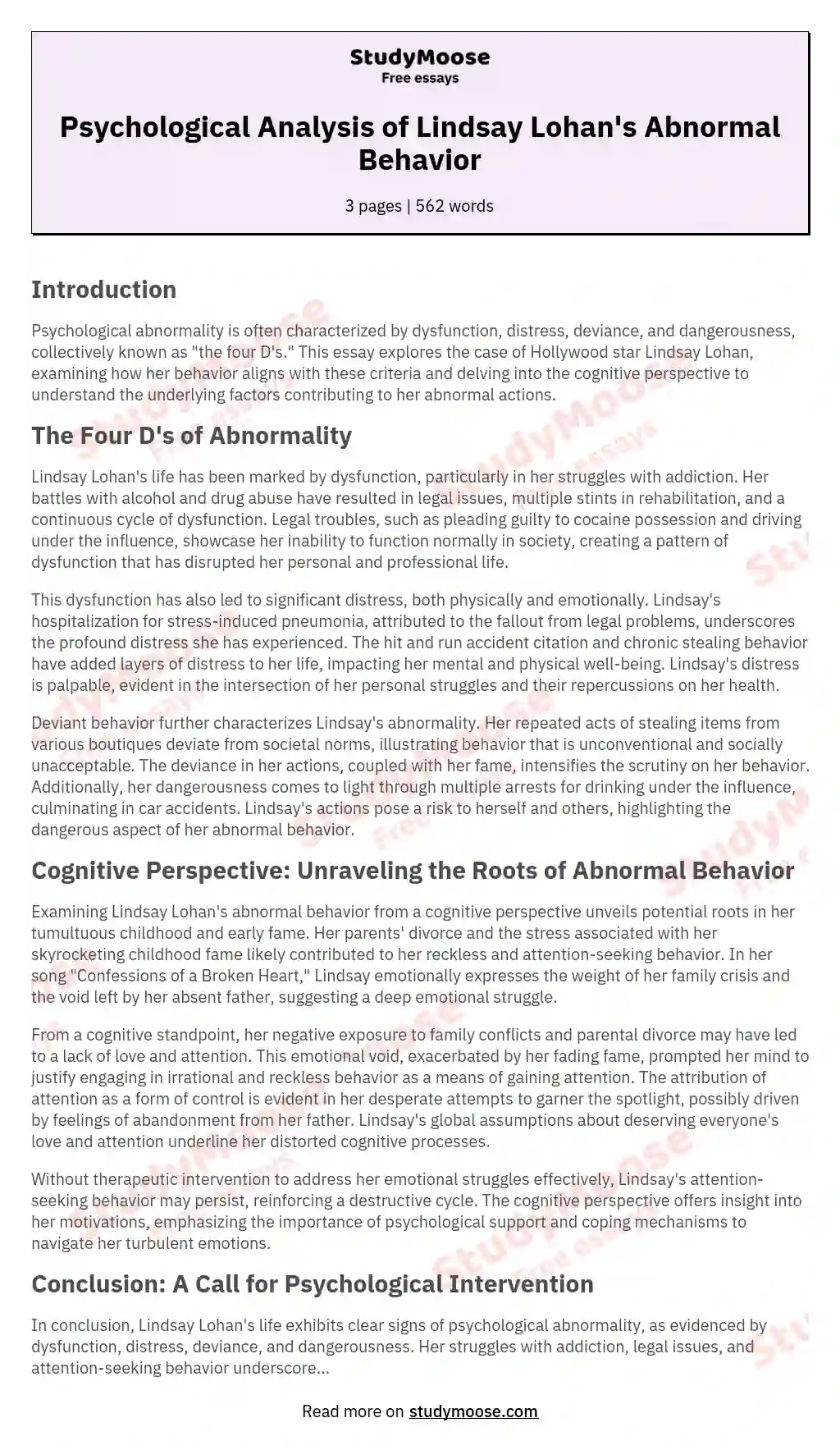 Psychological Analysis of Lindsay Lohan's Abnormal Behavior essay
