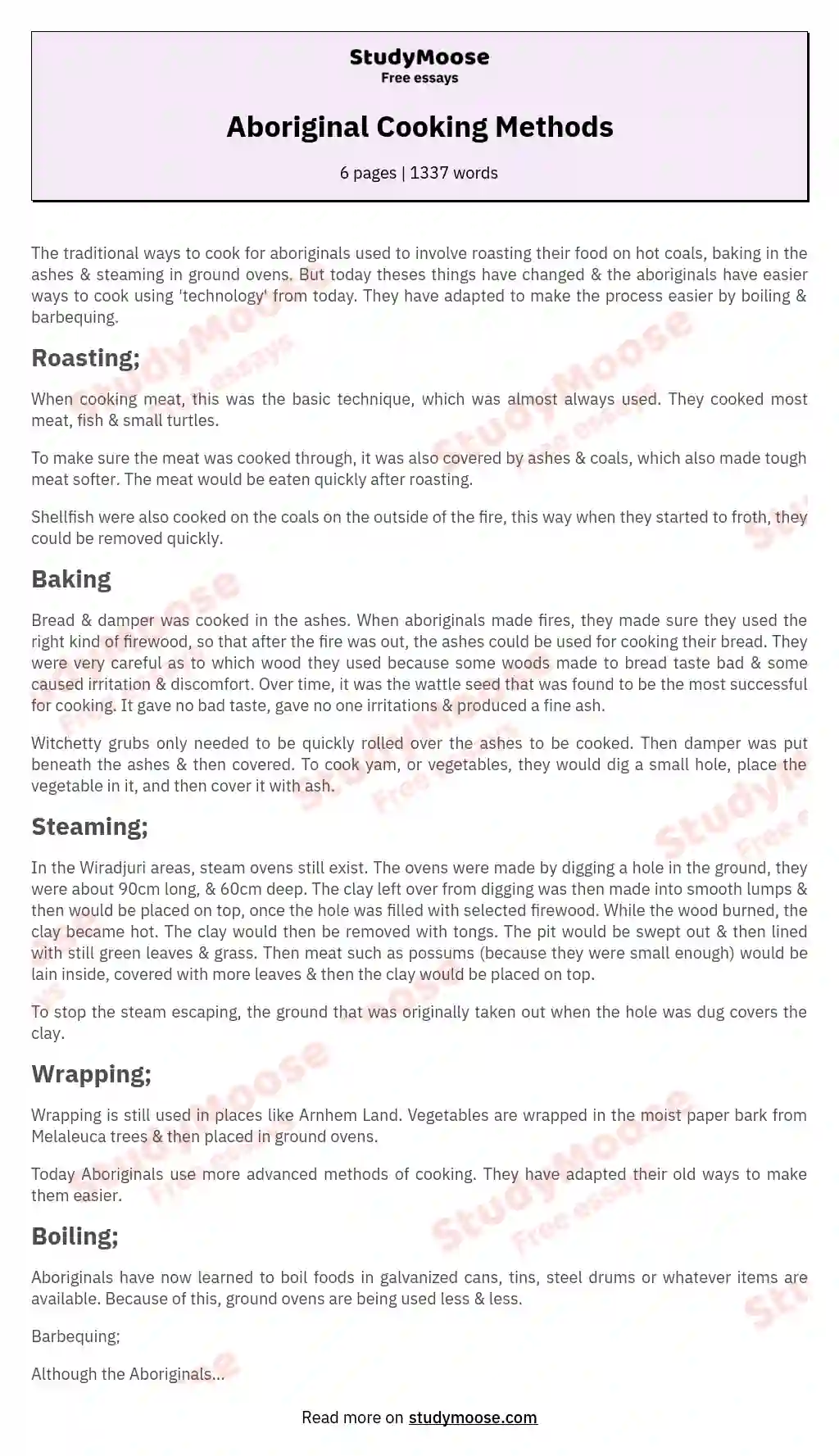 Aboriginal Cooking Methods essay