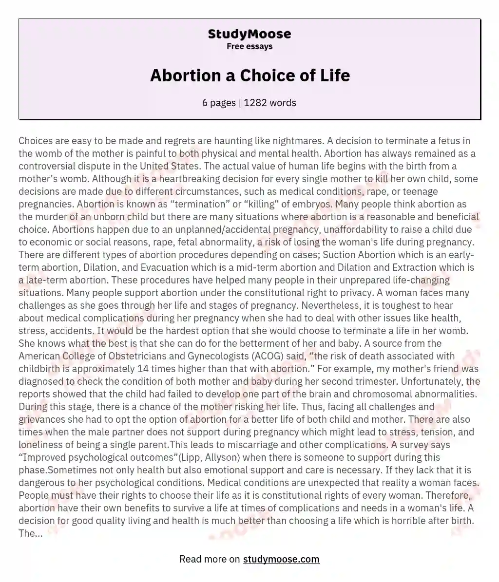 Abortion a Choice of Life essay