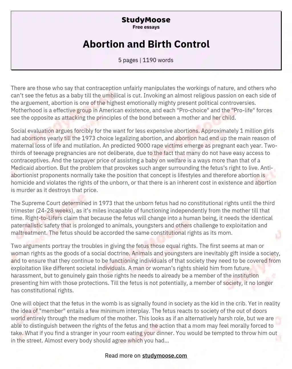 Abortion and Birth Control essay